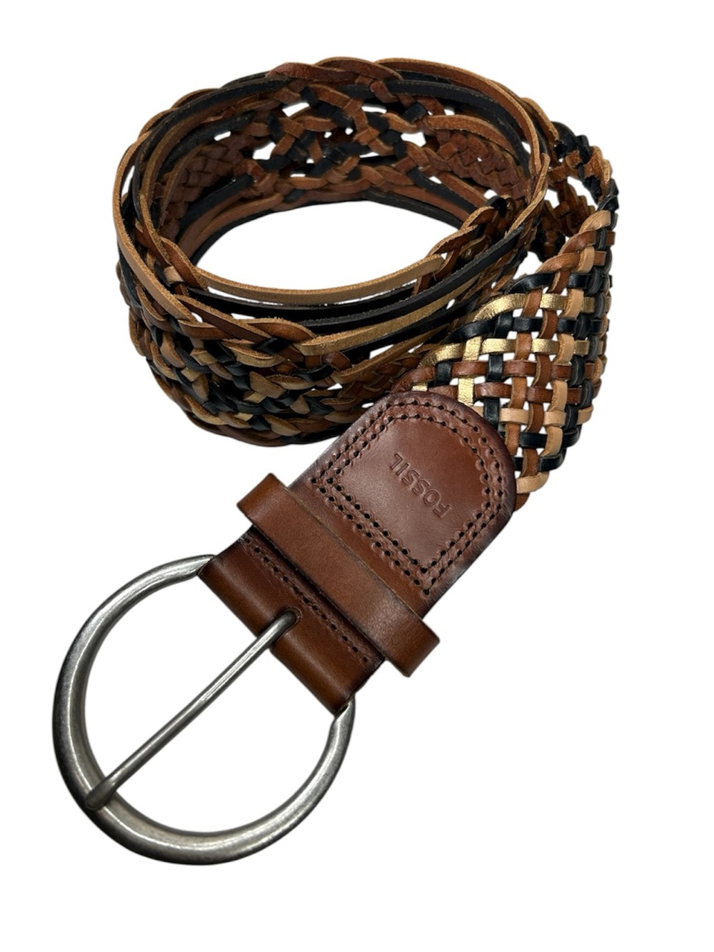 Fossil Woven Leather Brown, Black & Gold Braided Boho Chic Western Belt S‎